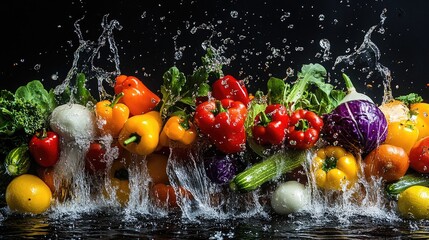 A vibrant waterfall of fresh vegetables explodes against a solid black background, with vivid colors and detailed textures creating a surreal composition.