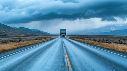 A lone truck driving on an empty road with no other vehicles in sight, creating a feeling of isolation and journey.