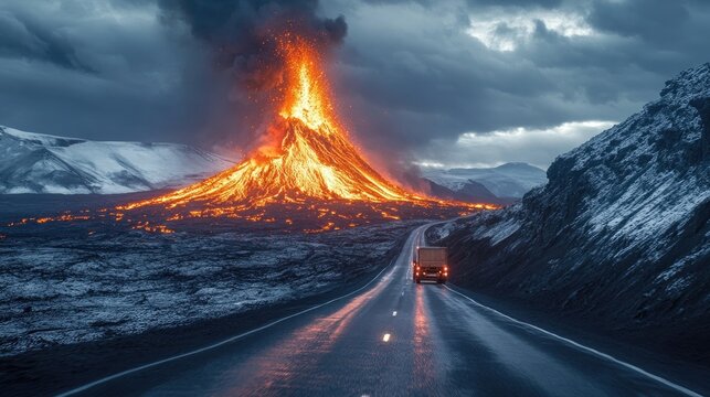 A lone truck driving on an empty road, passing dangerously close to an erupting volcano, symbolizing adventure and danger.