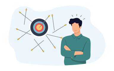 Business concept illustration. Happy businessman hit target with arrow after several failed attempts concept of business. Vector illustration.