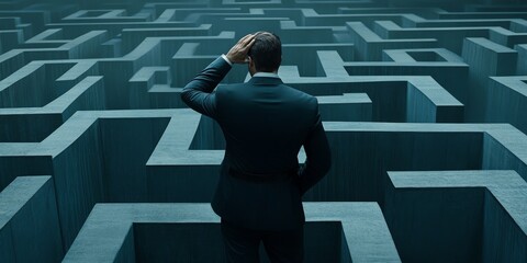 Businessman in a Strict Suit Standing in the Middle of an Endless Maze, Scratching His Head in Confusion generative ai