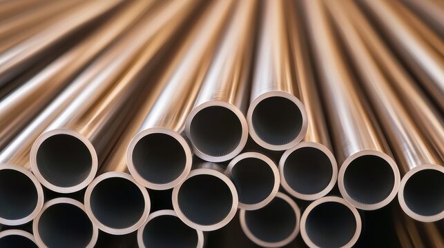 Stack of 304 Stainless Steel Pipes Close-up of polished 304 stainless steel pipes arranged in a stack, showcasing their smooth metallic finish and hollow structure, used in industrial applications