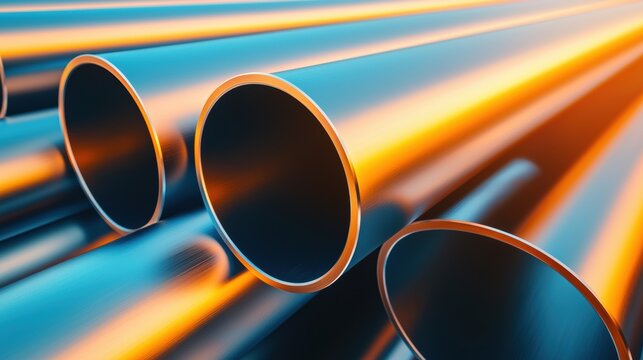 Polished 304 Stainless Steel Pipes with Reflective Surface Close-up of 304 stainless steel pipes with a polished, reflective surface, illuminated by warm and cool lighting showcasing industrial design