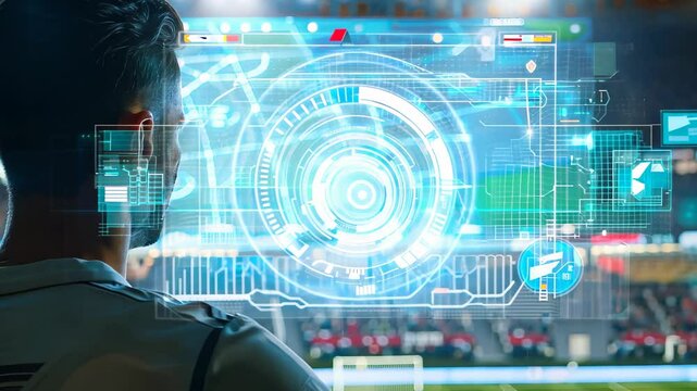 A male soccer player stands on the sidelines of a lively stadium, observing a digital interface with analytics and biometrics, highlighting tech's impact on athletic performance. - Powered by Adobe