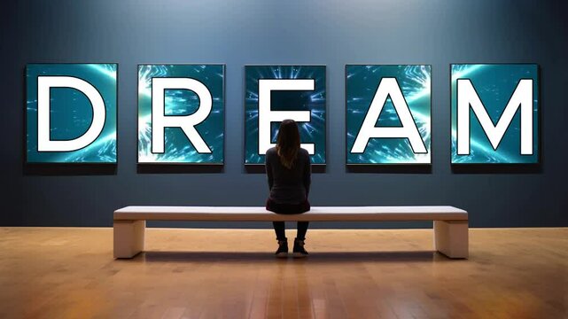 The Words Dream Big Depicted on Artwork in an Art Gallery Viewed by a Woman Sitting on a Bench