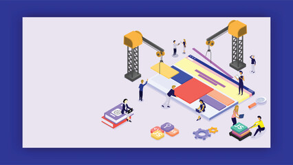Business people maintaining the website and help of tower crane with different programming language sign for Web Development or Teamwork concept based isometric design.