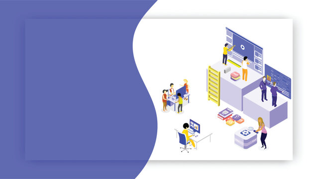 Miniature web developers maintaining the website or analysts analysis data on abstract background for Teamwork concept based isometric design.