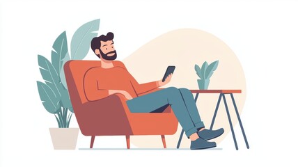 A relaxed man sitting on a comfy chair, enjoying his smartphone in a bright