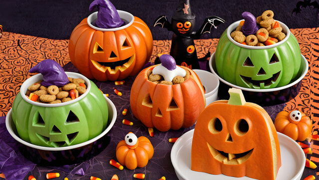 Halloween snacks concept background, Halloween day desserts, sweet dessert on Halloween, various unique snacks on Halloween, cute and unique desserts on Halloween day, ai generated