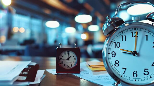 A close-up of two vintage alarm clocks on a wooden desk illustrates time management. One clock has a round face, the other a square design, surrounded by scattered papers and soft lighting.