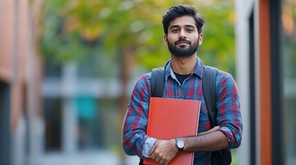 Confident Young Indian Student with Backpack and Folder Outdoors generative ai