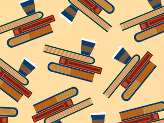 Pattern of stack of books and blue cup of coffee. Study, textbooks, hot drink. Vector illustration