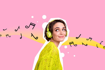 Composite collage image of funny cute female headphones listen music unusual fantasy billboard comics