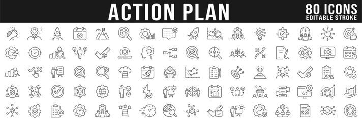 Action plan related line icons big set. Strategy, plan, action, target, goal etc. Editable stroke © tutti_frutti