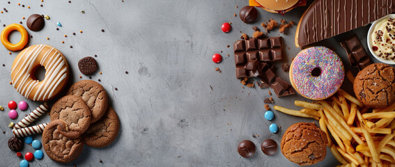 Concept of junk food including fast food and confectionery products