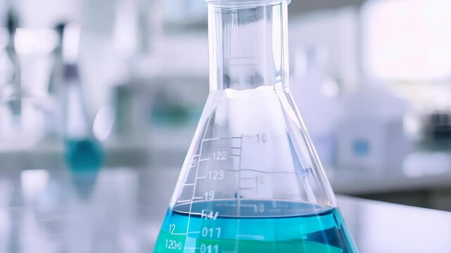 A close-up of a clear glass flask filled with vibrant blue liquid against a softly blurred modern lab backdrop, showcasing precision and innovation in scientific research.