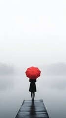 A girl with an umbrella stands on the end of a pier, holding her red umbrella in front of a foggy lake