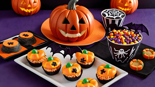 Halloween snacks concept background, Halloween sweets, Halloween food concept background, ai generated