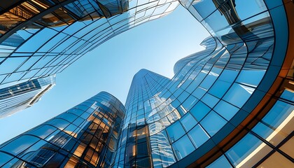 Futuristic skyscraper showcasing modern architectural elegance with a curved glass facade reflecting the clear blue sky