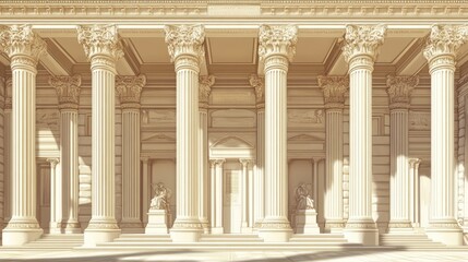 Naklejka premium An elegant architectural illustration of a classical building, showcasing grand columns and intricate stonework in a traditional design.