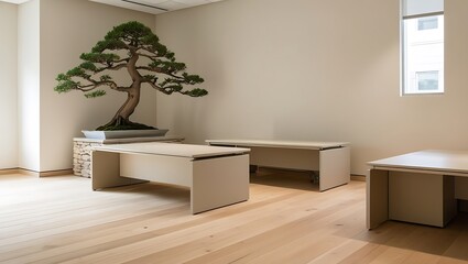 An office interior with a clear white wall for mockups