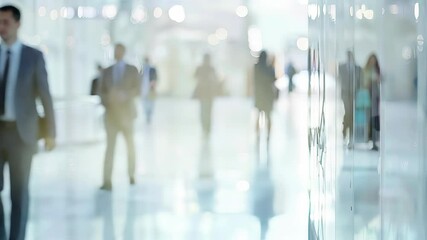 A vibrant indoor setting with diverse professionals engaged in various activities. Blurred figures move through a bright space, reflecting energy, collaboration, and corporate culture.