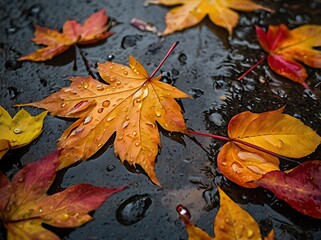 Close-up of vibrant autumn leaves scattered on wet pavement after rainfall with water droplets
