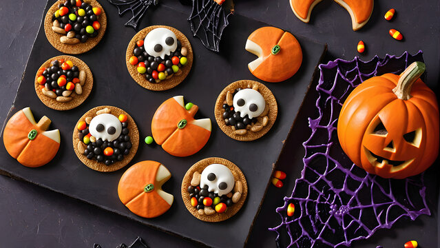 Halloween snacks concept background, Halloween day desserts, sweet dessert on Halloween, various unique snacks on Halloween, cute and unique desserts on Halloween day, ai generated
