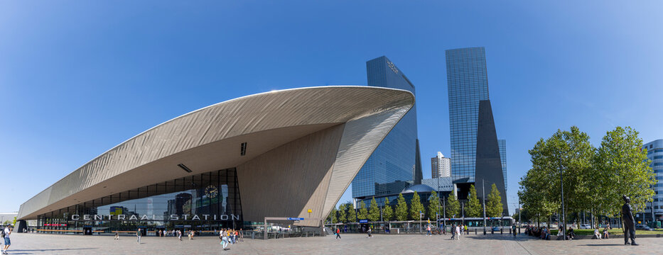 Rotterdam, Netherlands &ndash; August 28, 2024: Panoramic View of Rotterdam Centraal, Central station building facade and entrance.