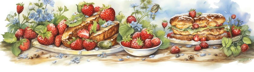 Fototapeta premium A delightful spread of fresh strawberries and pastries, showcasing vibrant colors and textures perfect for food lovers.
