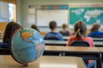 A close-up of a globe on a desk in a classroom, with students blurred in the background.