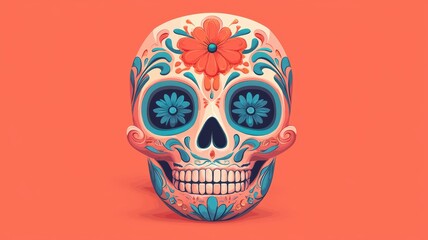 A vibrant sugar skull adorned with colorful floral designs, celebrating Day of Dead or Dia de los Muertos and Mexican culture.