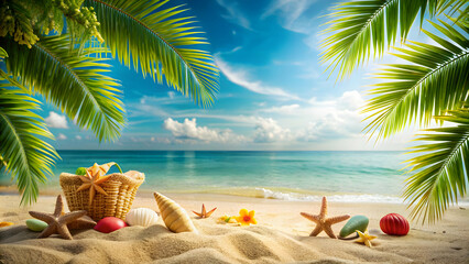 Obraz premium Fondo vacacional de verano en ambiente tropical con elementos decorativos de playa en la orilla del mar, vacaciones, verano
