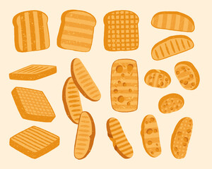Cartoon toasts. Wholemeal bread toast slices and whole grain croutons, roasted healthy meal products for breakfast, bakery products to prepare. Vector set.eps