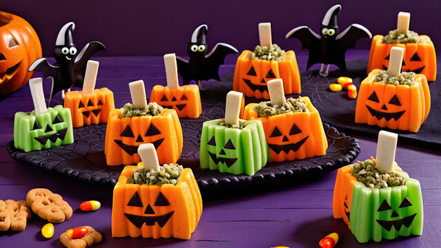 Halloween snacks concept background, Halloween day desserts, sweet dessert on Halloween, various unique snacks on Halloween, cute and unique desserts on Halloween day, ai generated