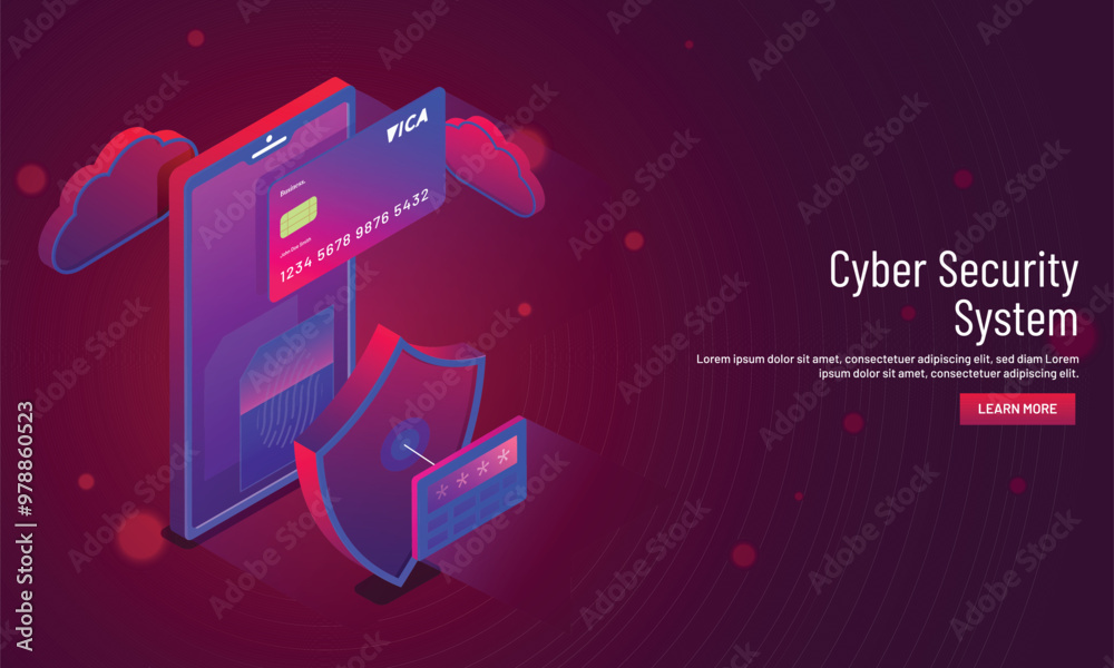 Poster cyber security system concept, isometric illustration of smartphone with security shield and access 