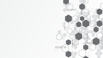 Digital technology background. Abstract hexagons background with black lines and dots.