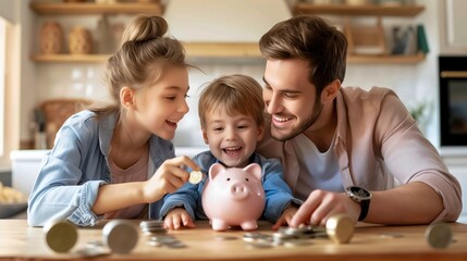 Obraz premium Happy Family Teaching Financial Skills to Child with Piggy Bank at Home Table