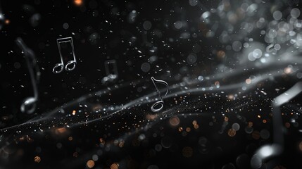 Musically inclined abstract design featuring silver notes dancing amidst shimmering dark particles, suggesting a dreamlike, introspective night and elegance.