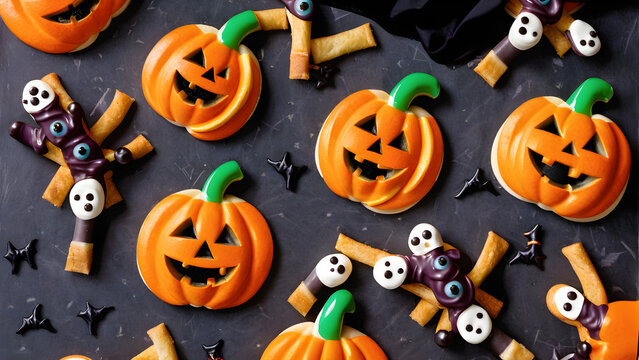Halloween snacks concept background, Halloween day desserts, sweet dessert on Halloween, various unique snacks on Halloween, cute and unique desserts on Halloween day, ai generated