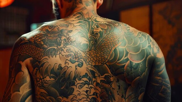 A close-up of a man's back reveals vibrant traditional Japanese tattoos, featuring a dragon entwined with waves and clouds. skin's glossy finish highlights the intricate artistry.