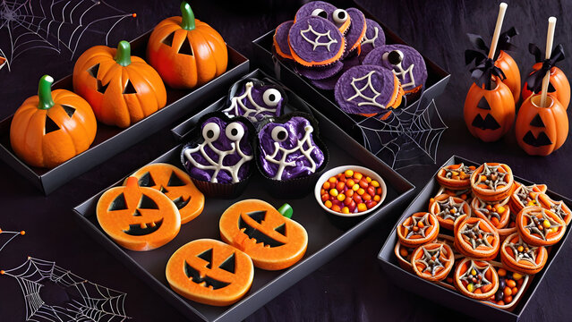 Halloween snacks concept background, Halloween day desserts, sweet dessert on Halloween, various unique snacks on Halloween, cute and unique desserts on Halloween day, ai generated