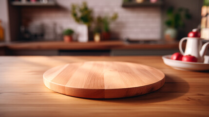 Kitchen table with a wooden round empty cutting board, blurred kitchen in the background. Round podium, presentation, advertising, mockup, showcasing for displaying products and goods.	