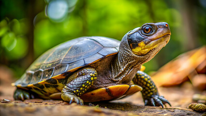 Obraz premium Close-up photo of a Thai mountain turtle in its natural habitat, Thai, mountain turtle, land turtle, protected