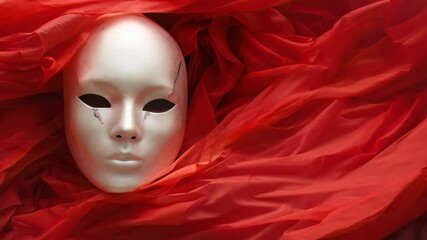 A striking white porcelain mask with a cracked surface rests against vibrant red fabric, evoking mystery and themes of identity, vulnerability, and transformation. - Powered by Adobe
