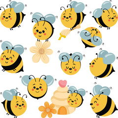 Fototapeta premium Set digital collage of cute happy bee