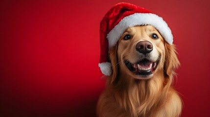 Adorable Golden Retriever Dog Celebrating Christmas Holidays Wearing Santa Hat on Red Background