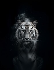 Obraz premium A white tiger with black stripes emerges from a cloud of smoke against a dark background.