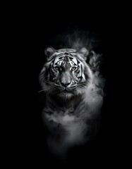 Obraz premium A white tiger stands in the middle of a cloud of smoke against a black background.