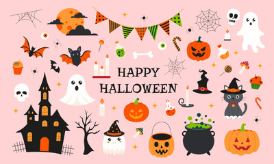 A colorful Halloween scene with a variety of spooky and festive elements. The image is a collage of Halloween-themed items, including pumpkins, skeletons, bats, and witches